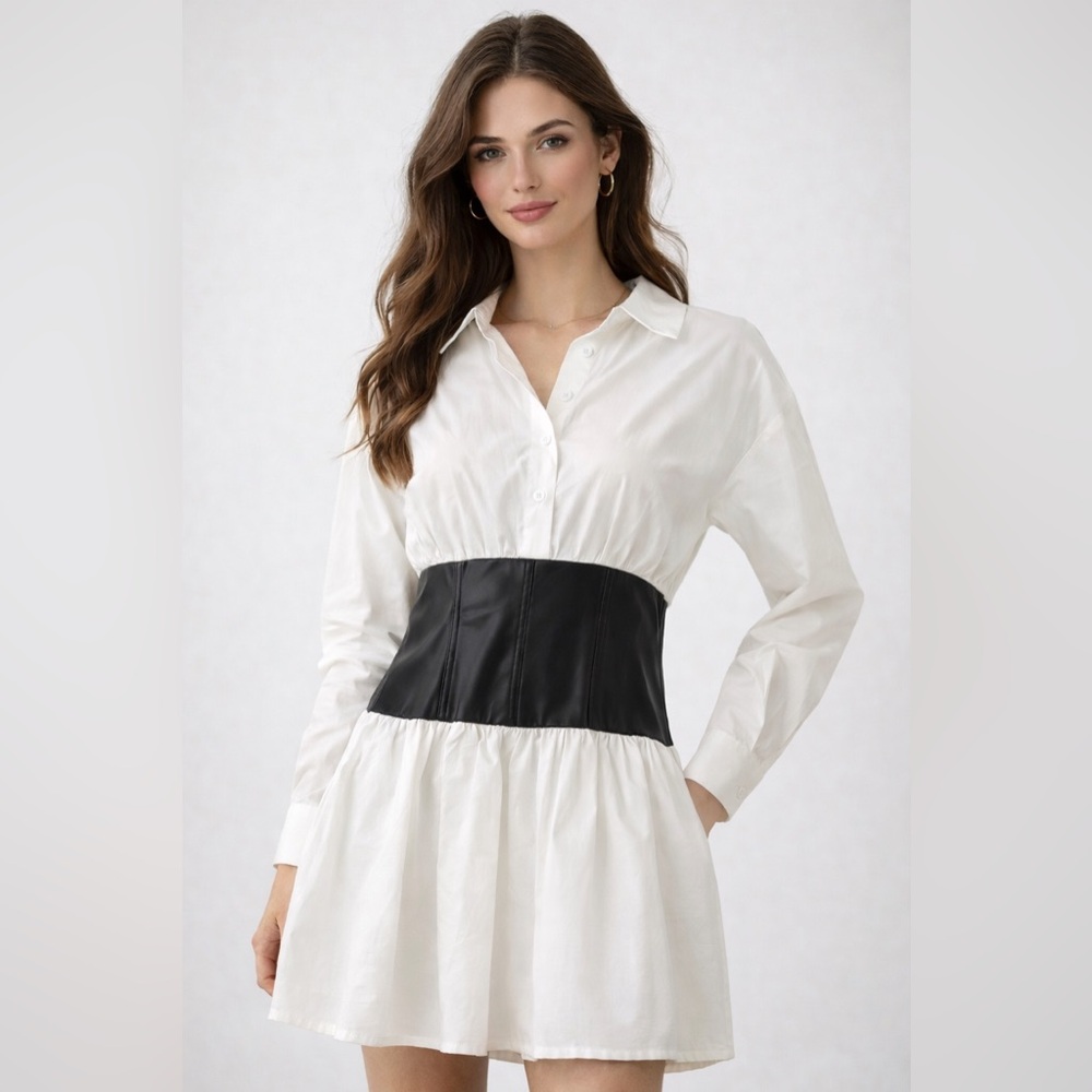 Forever 21 White Mini Dress with Black Waist Detail